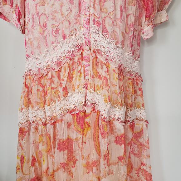 Rococo Sand Candy Dress Paisley Print Maxi Dress Chiffon Lace Pink Size Medium - Picture 6 of 12